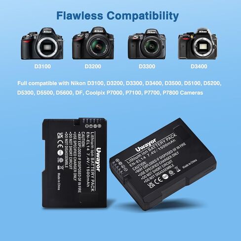 EN-EL14 EN-EL14A Battery and USB Dual Charger Compatible with Nikon D3100, D3200, D3300, D3400, D3500, D5100, D5200, D5300, D5500, D5600, DF, Coolpix P7000, P7100, P7700, P7800 Cameras in Kuwait
