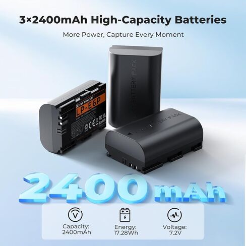 شاحن بطارية K&F CONCEPT LP-E6P، بطارية 2400 مللي أمبير في الساعة R6 Mark III متوافقة مع كاميرات Canon R6 Mark II III، R5 Mark II، R5 R6 R7، 5D 6D 7D Mark II in Kuwait