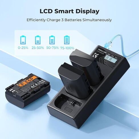 شاحن بطارية K&F CONCEPT LP-E6P، بطارية 2400 مللي أمبير في الساعة R6 Mark III متوافقة مع كاميرات Canon R6 Mark II III، R5 Mark II، R5 R6 R7، 5D 6D 7D Mark II in Kuwait