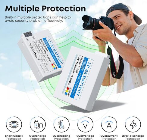 LP-E8 Battery 1600mAh (2-Pack) with PD 20W USB Fast Charger & LED Display, Set for Canon Rebel T2i, T3i, T4i, T5i, 550D, 600D, 650D, 700D, Kiss X4, X5, X6, X6i, X7i, Rechargeable Batteries Case in Kuwait
