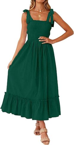 Tobrief Women's Boho Dress Summer Spaghetti Strap Square Neck Flowy Ruffle Beach Long Maxi Dress in Saudi Arabia