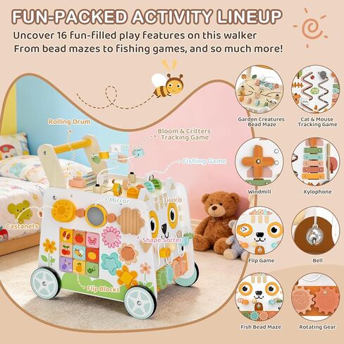 Wooden Baby Walker, Baby Push Walker with Wheels, 16-in-1 Montessori Activity Center Bead Maze Shape Sorter Xylophone, Height Adjustable Walking Toy 12+ Months, 1 Year Old Birthday Gifts Boys Girls in Kuwait
