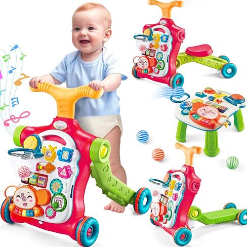 AuntyFey Baby Walker, 3 in 1 Push Walker for Baby Girls Boys, Baby Walking Toy for 1 Year Old Learning to Walk, Sit to Stand Baby Walker Push Toy for Girl 12 Months, Red in Kuwait
