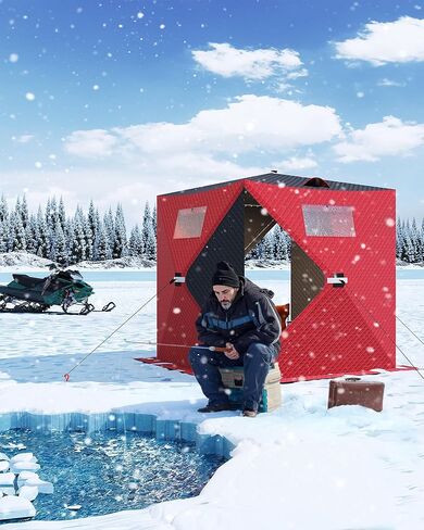 Insulated Pop-Up Ice Fishing Tent for 1-8 Persons, Portable Waterproof Oxford Winter Shelter, Quick Setup Portable Ice Fishing Shelter with Zippered Door, Carry Bag, Anchors, Wind Ropes, Red in Saudi Arabia