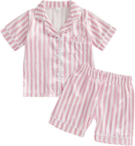 Douhoow Kids Toddler Baby Girls Pajamas Silk Satin Short Sleeve Botton Down Shirt Tops Shorts Set Summer Sleepwear Lounge Pjs in Kuwait