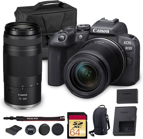 Canon EOS R10 Mirrorless Camera Kit | 24.2MP APS-C Sensor with RF-S 18-150mm Lens | 4K Video Dual Pixel AF Compact Travel Photography (5331C016) + Canon RF 75-300mm Lens + 64GB Card + Bag in Kuwait