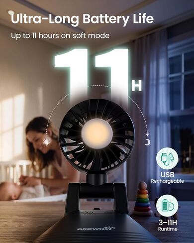 GROWNSY Portable Stroller Fan with Clip | Foldable Mini Fan for Carrier | Small Handheld Fan with Soft Night Light | Rechargeable 4-Speed Personal Fan for Travel/Desk/Bed/Backpack/Car Seat in Kuwait