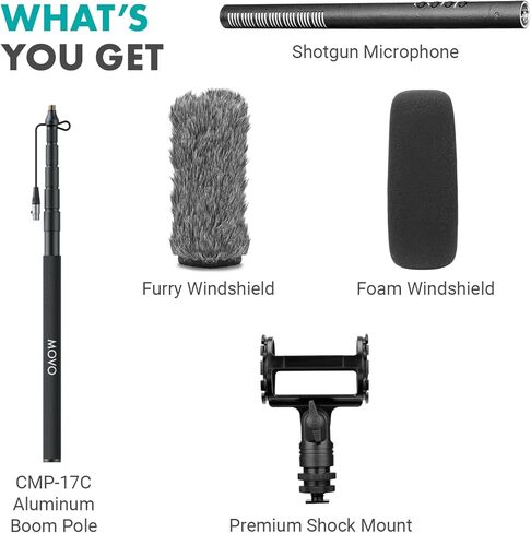 طقم ميكروفون Movo XLR Shotgun & Boom Pole - حزمة تسجيل الصوت للموقع الاحترافي مع ميكروفون Shotgun وBoompole مع كابل XLR داخلي لصناعة الأفلام، ENG، وبث الصوت in Kuwait