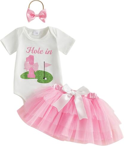 Infant Baby Girl First Birthday Outfit Hole in 1 Golf Short Sleeve Romper Bodysuit Mesh Tutu Skirt Headband Set in Kuwait