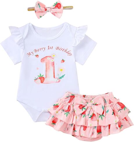 Baby Girl First Birthday Outfit Infant 1st Birthday Bodysuit Strawberry Summer Clothes Set in Kuwait