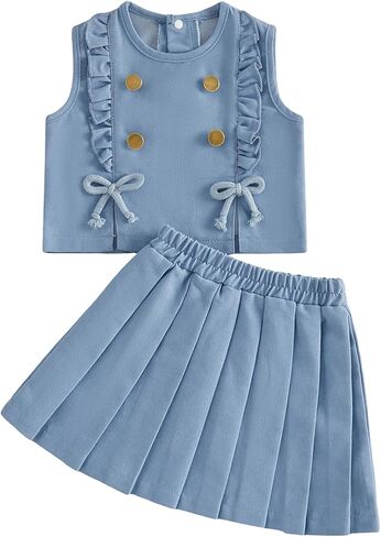 Adobabirl Toddler Baby Girl Summer Clothes Vintage Sleeveless Tank Tops Pleated Skirt Set Two Piece Outfits Cute Clothing in Kuwait
