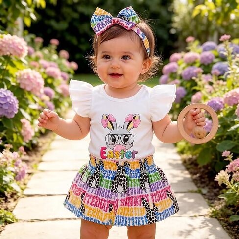 3Pcs Baby Girl Cute Outfit Flutter Sleeve Graphic Onesie and Colorful Skirt Headband Set Infant Holiday Clothing Set in Kuwait
