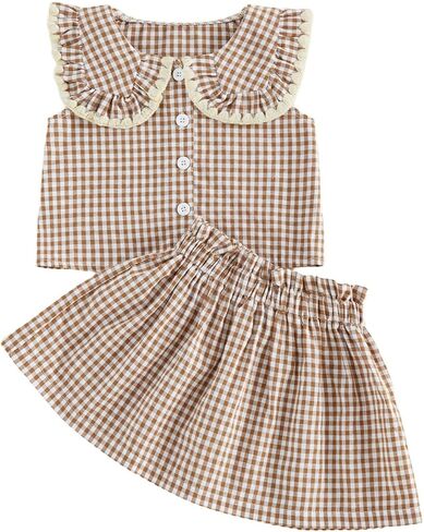 Foidiccx Toddler Baby Girl Clothes Cotton Gingham 2 Pieces Infant Summer Skirts Sets Babydoll Shirts Skirt Matching Outfits in Kuwait
