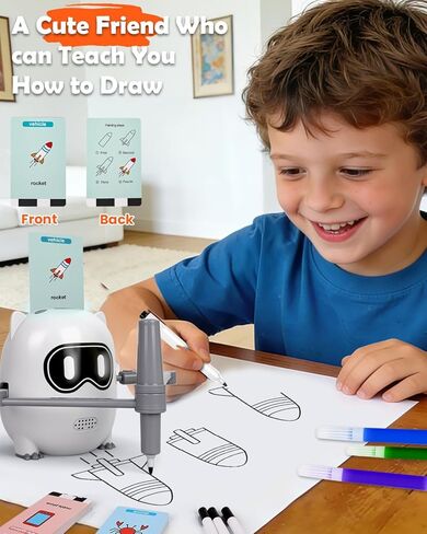 روبوت الرسم مع 200 بطاقة رسم مطورة للأطفال 3 4 5 6 7 8 سنوات، آلة رسم تعليمية تفاعلية صوتية، لعبة مونتيسوري للتعلم والرسم، روبوت 4 في 1 قابل لإعادة الشحن للأولاد والبنات in Kuwait