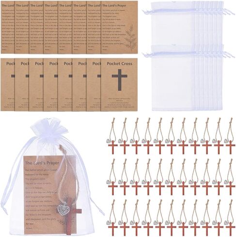 WEBEEDY 50 Sets Pocket Cross Charm Christian Gifts Bulk Small Wooden Crosses With Heart Charm Card and Organza Bag, Christian Comfort Cross Inspirational Gifts for Women Men in Kuwait
