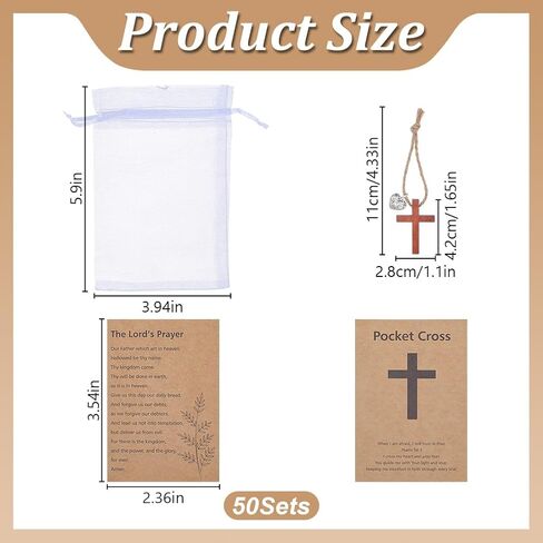 WEBEEDY 50 Sets Pocket Cross Charm Christian Gifts Bulk Small Wooden Crosses With Heart Charm Card and Organza Bag, Christian Comfort Cross Inspirational Gifts for Women Men in Kuwait