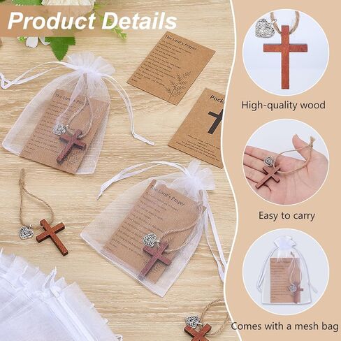 WEBEEDY 50 Sets Pocket Cross Charm Christian Gifts Bulk Small Wooden Crosses With Heart Charm Card and Organza Bag, Christian Comfort Cross Inspirational Gifts for Women Men in Kuwait