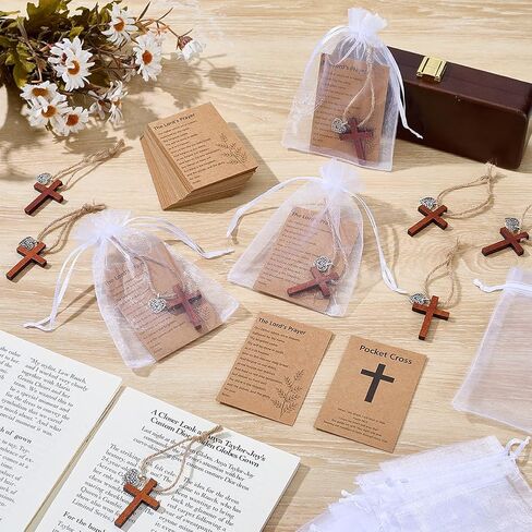 WEBEEDY 50 Sets Pocket Cross Charm Christian Gifts Bulk Small Wooden Crosses With Heart Charm Card and Organza Bag, Christian Comfort Cross Inspirational Gifts for Women Men in Kuwait