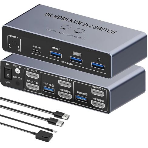 8K HDMI KVM Switch for 2 Monitors 2 Computers 4K 144Hz Dual Monitor HDMI USB 3.0 KVM Switcher 2 PC or Laptops Share 1 Set of Keyboard Mouse Printer and Scanner Support Extended Duplicate Mode in Saudi Arabia
