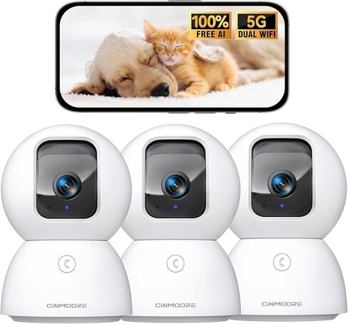 5G Security Camera Indoor 3-Pack, No-Monthly-Fee AI Tracking Facial Recognition, 3K Pet/Dog Camera with Speaker/Phone App, PTZ WiFi Baby Monitor Cameras for Home Security, 0-Glow Night Vision in Saudi Arabia