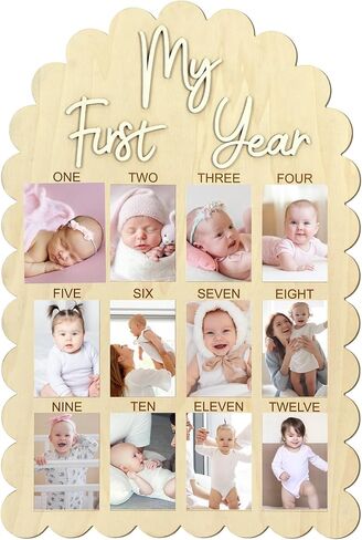 Cinnvoice My First Year Photo Board, Scalloped 33 x 22 Inch Wood Picture Frame 1st Birthday Decorations, 12 Months Milestone Photo Display Board for Newborn Keepsake Nursery Decor, Fits 4x6'' Picture in Kuwait