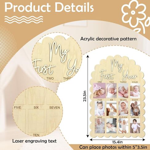 Cinnvoice My First Year Photo Board, Scalloped 33 x 22 Inch Wood Picture Frame 1st Birthday Decorations, 12 Months Milestone Photo Display Board for Newborn Keepsake Nursery Decor, Fits 4x6'' Picture in Kuwait