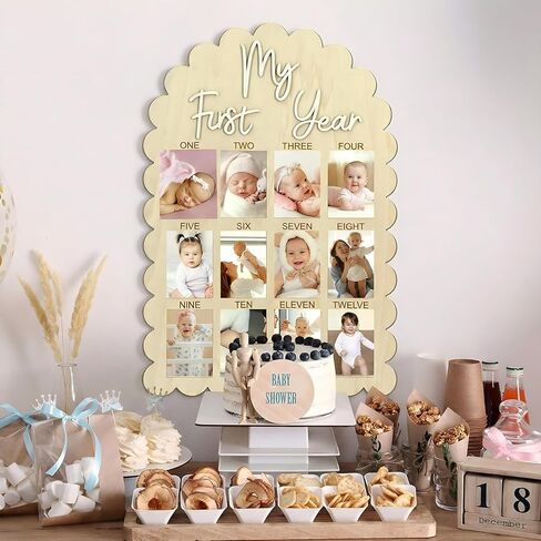 Cinnvoice My First Year Photo Board, Scalloped 33 x 22 Inch Wood Picture Frame 1st Birthday Decorations, 12 Months Milestone Photo Display Board for Newborn Keepsake Nursery Decor, Fits 4x6'' Picture in Kuwait