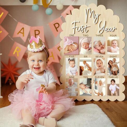 Cinnvoice My First Year Photo Board, Scalloped 33 x 22 Inch Wood Picture Frame 1st Birthday Decorations, 12 Months Milestone Photo Display Board for Newborn Keepsake Nursery Decor, Fits 4x6'' Picture in Kuwait