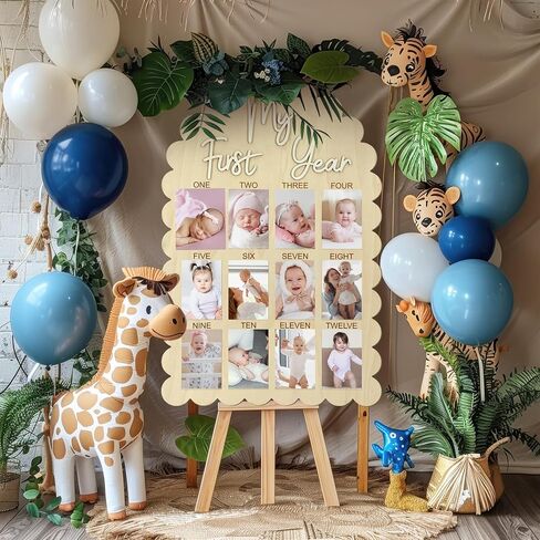 Cinnvoice My First Year Photo Board, Scalloped 33 x 22 Inch Wood Picture Frame 1st Birthday Decorations, 12 Months Milestone Photo Display Board for Newborn Keepsake Nursery Decor, Fits 4x6'' Picture in Kuwait