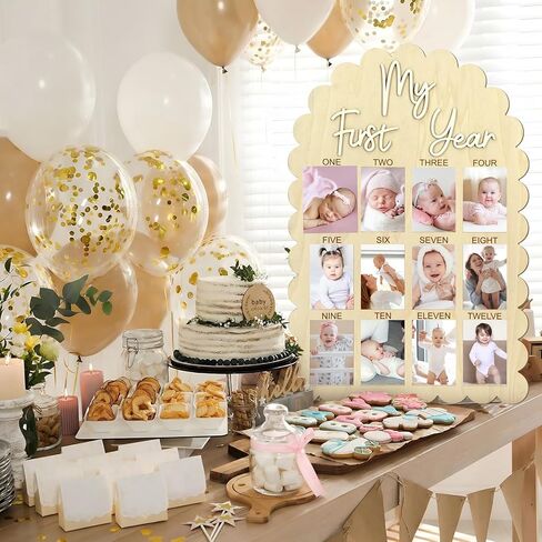 Cinnvoice My First Year Photo Board, Scalloped 33 x 22 Inch Wood Picture Frame 1st Birthday Decorations, 12 Months Milestone Photo Display Board for Newborn Keepsake Nursery Decor, Fits 4x6'' Picture in Kuwait