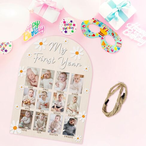 My First Year Photo Board, Daisy Baby's First Year Photo Frame 12 Monthly Milestone Picture Frame, Gift for Newborn Baby 1st Birthday Memories Nursery Decoration -04 in Kuwait