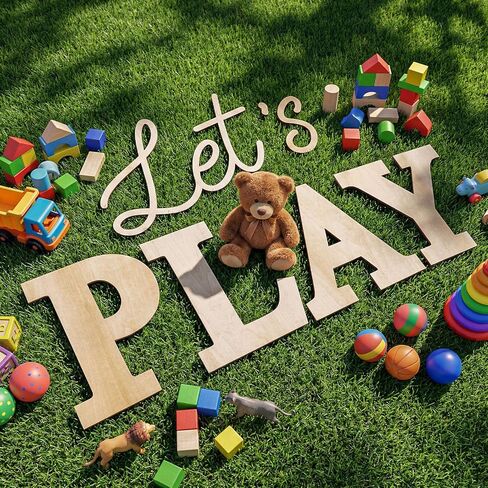 Kigley 17 Inch Let's Play Nursery Sign Wooden Playroom Wall Decor Let's Play Playroom Wall Plaques Decoration for Kids Toddler Nursery Room Home Classroom Decor in Kuwait