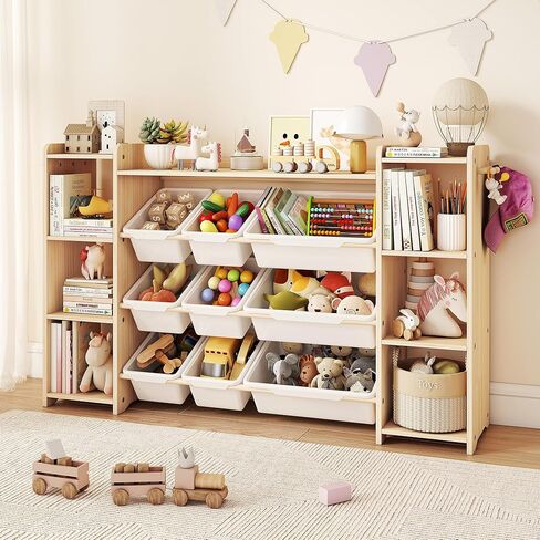GITAWUSA Toy Storage Organizer, Kids Bookshelf with 6 Shelves, 9 Toy Bins & 6 Hooks | Toy Shelf, Storage Bin Unit, Toy Organization for Playroom, Nursery, Bedroom, Toddler Room, White, 57''W in Saudi Arabia
