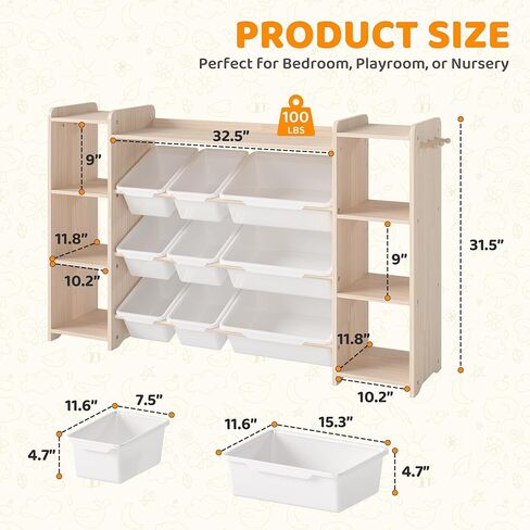 GITAWUSA Toy Storage Organizer, Kids Bookshelf with 6 Shelves, 9 Toy Bins & 6 Hooks | Toy Shelf, Storage Bin Unit, Toy Organization for Playroom, Nursery, Bedroom, Toddler Room, White, 57''W in Saudi Arabia