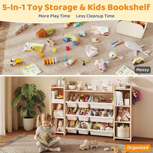 GITAWUSA Toy Storage Organizer, Kids Bookshelf with 6 Shelves, 9 Toy Bins & 6 Hooks | Toy Shelf, Storage Bin Unit, Toy Organization for Playroom, Nursery, Bedroom, Toddler Room, White, 57''W in Saudi Arabia