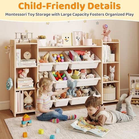 GITAWUSA Toy Storage Organizer, Kids Bookshelf with 6 Shelves, 9 Toy Bins & 6 Hooks | Toy Shelf, Storage Bin Unit, Toy Organization for Playroom, Nursery, Bedroom, Toddler Room, White, 57''W in Saudi Arabia