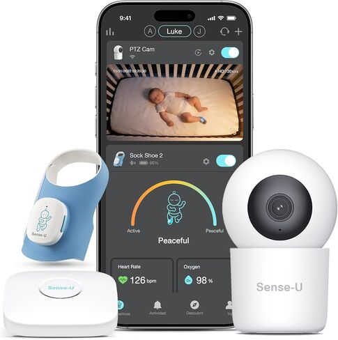 حزمة Sense-U Smart Baby Sock Shoe 2 - تتبع معدل ضربات القلب ونمط النوم مع كاميرا فيديو عالية الدقة 2.5K، واكتشاف البكاء بالذكاء الاصطناعي والصوت in Kuwait