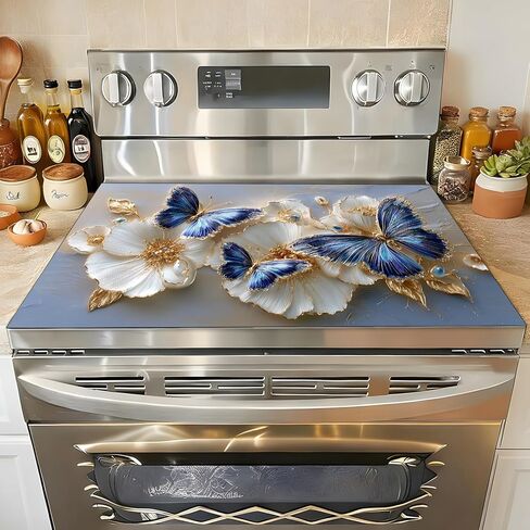 أغطية علوية للموقد الكهربائي مقاس 28.3 × 20.5 بوصة، غطاء زجاجي مقاوم للماء للحرارة، واقي درع موقد مقاوم للزيت للسطح المسطح من السيراميك - ديكور مطبخ ريفي (فراشة) in Kuwait