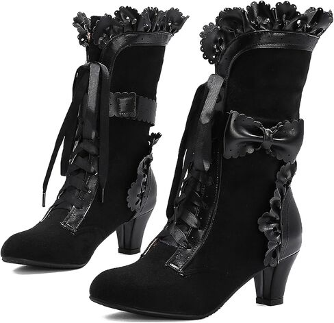 LanreyTaley Women Sweet Bow Boots Mid Heels Lace Up Victorian boots Mid Calf Kawaii Boot in Saudi Arabia