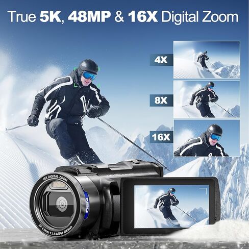 NBDDIGITAL True 5K Video Camera Camcorder 48MP - WiFi, 16X Digital Zoom Autofocus, with 3" 270° IPS Screen, 32GB Card, 2 Batteries & Mic, Vlogging Camera for YouTube Travel Recorder (Black) in Kuwait