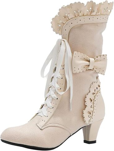 LanreyTaley Women Sweet Bow Boots Mid Heels Lace Up Victorian boots Mid Calf Kawaii Boot in Kuwait