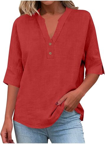 GOKKILRW Womens Cotton Linen Tops Summer Trendy Loose Fit 3/4 Sleeve Gauze Henley Shirt Casual Work Blouses Plus Size Clothes in Kuwait
