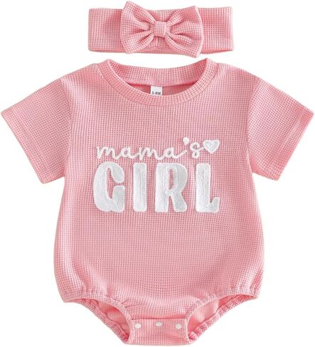 Baby Girl Clothes Mamas Girl Outfit Cute Letter Embroidered Waffle Bubble Romper Onesie Tee Shirt in Kuwait