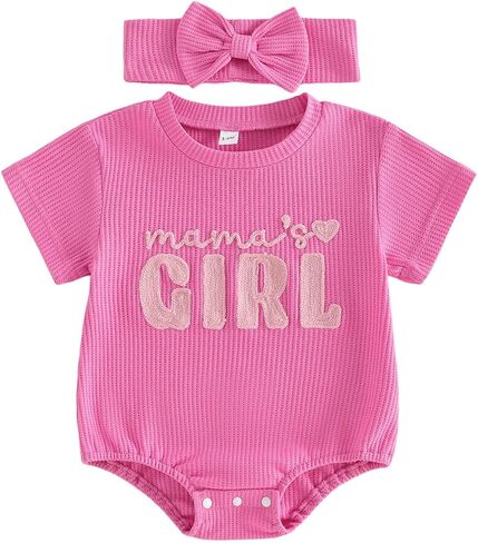 Baby Girl Clothes Mamas Girl Outfit Cute Letter Embroidered Waffle Bubble Romper Onesie Tee Shirt in Kuwait