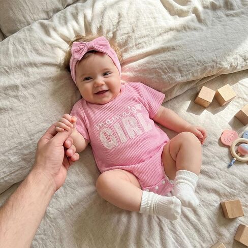 Baby Girl Clothes Mamas Girl Outfit Cute Letter Embroidered Waffle Bubble Romper Onesie Tee Shirt in Kuwait