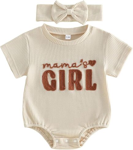 Baby Girl Clothes Mamas Girl Outfit Cute Letter Embroidered Waffle Bubble Romper Onesie Tee Shirt in Kuwait