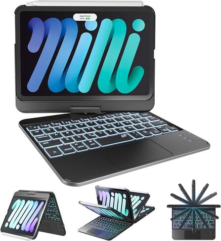 NOKBABO iPad mini 7 Keyboard Case with Trackpad A17 Pro（2024）& iPad mini 6 Case with Keyboard 2021 8.3 Inch, 360° Swivel & Rainbow Backlit for iPad mini 7th/6th Generation - Blcak in Saudi Arabia