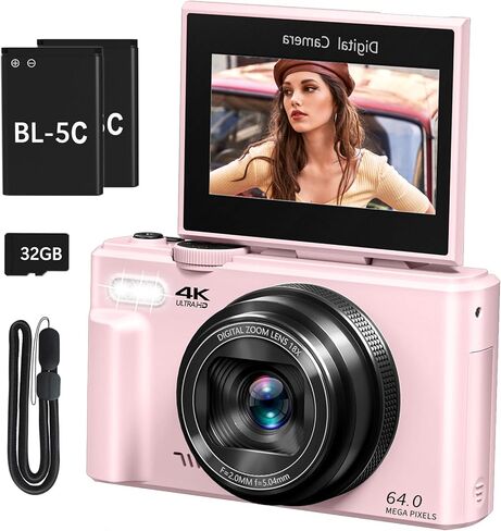 كاميرا رقمية بدقة 4K مع صور بدقة 64 ميجابكسل، وكاميرا تسجيل فيديو مع شاشة قابلة للطي بزاوية 180 درجة، وكاميرا مدمجة للتصوير والتقاط مع شبكة WiFi وبطاقة 32 جيجابايت، سهلة الاستخدام للمبتدئين والسفر، وردي in Kuwait