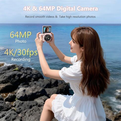 كاميرا رقمية بدقة 4K مع صور بدقة 64 ميجابكسل، وكاميرا تسجيل فيديو مع شاشة قابلة للطي بزاوية 180 درجة، وكاميرا مدمجة للتصوير والتقاط مع شبكة WiFi وبطاقة 32 جيجابايت، سهلة الاستخدام للمبتدئين والسفر، وردي in Kuwait