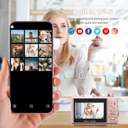 كاميرا رقمية بدقة 4K مع صور بدقة 64 ميجابكسل، وكاميرا تسجيل فيديو مع شاشة قابلة للطي بزاوية 180 درجة، وكاميرا مدمجة للتصوير والتقاط مع شبكة WiFi وبطاقة 32 جيجابايت، سهلة الاستخدام للمبتدئين والسفر، وردي in Kuwait